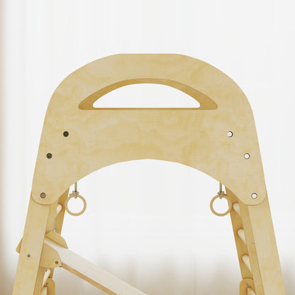 AIYAPLAY 6 in 1 Kids Climbing Frame with Slide, Monkey Bars, Gymnastics Rings, Ladder, Climbing Net, for 3-6 Years, Natural Tone