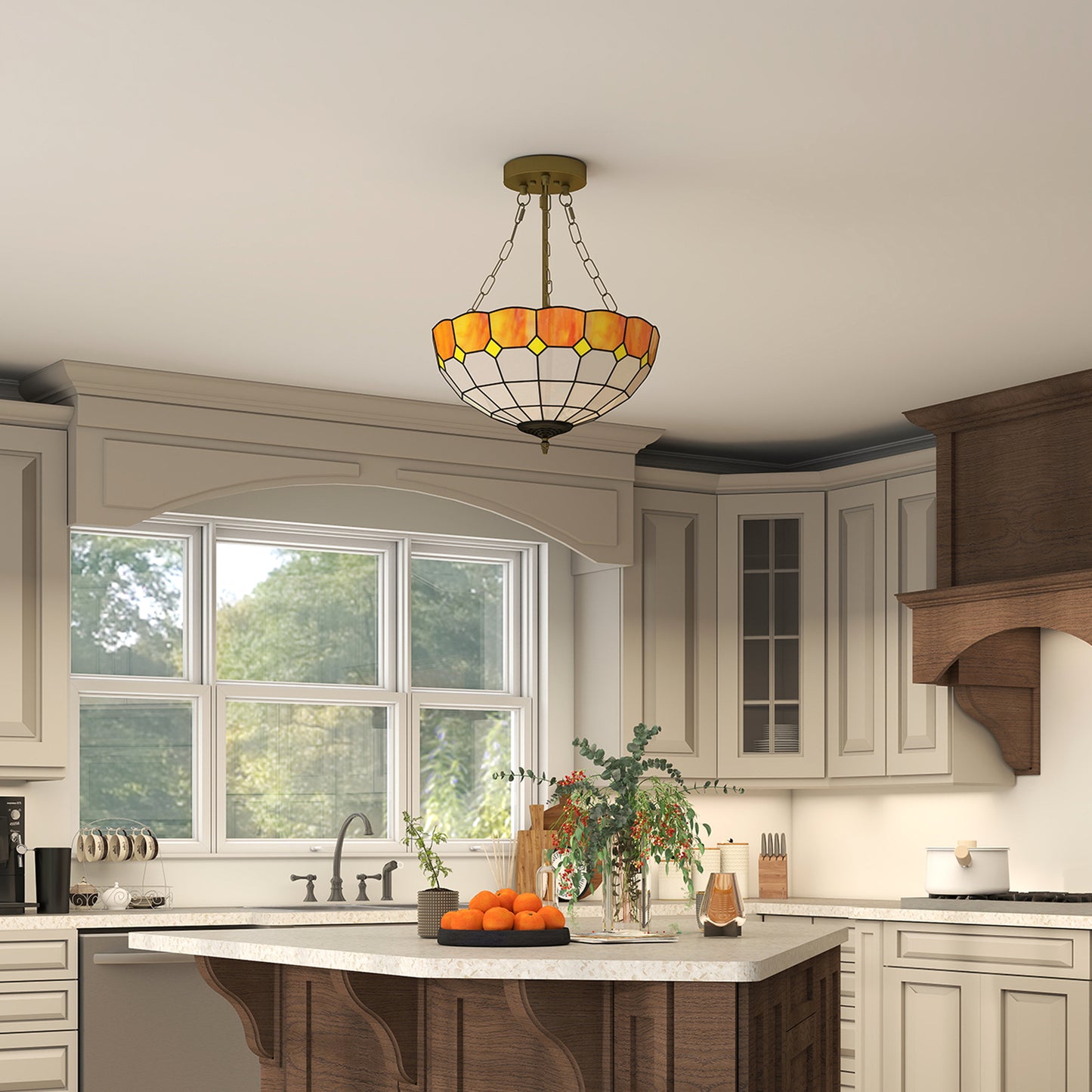 Tiffany Style Ceiling Light, Vintage Chandelier with 3 E27 Sockets, Semi Flush Mount for Living Room, Bulbs Not Included