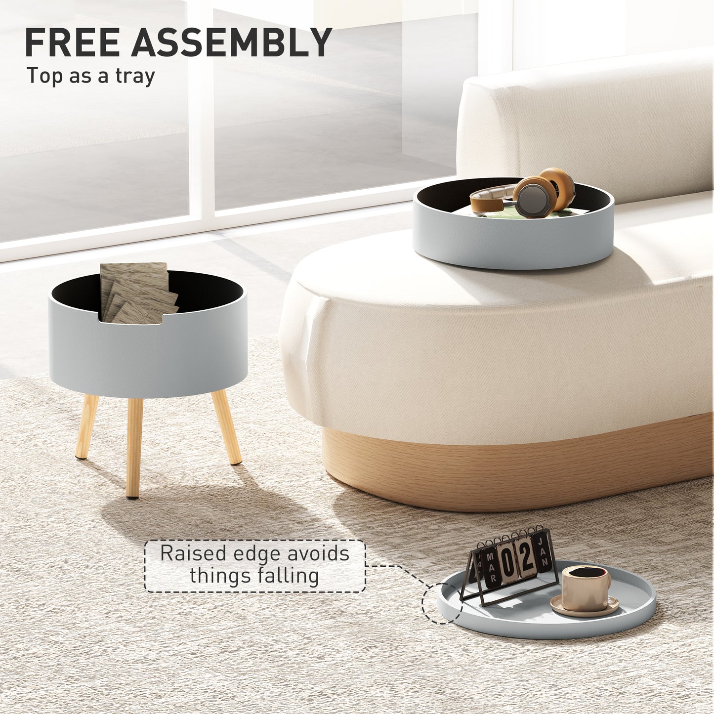 3-Tier Coffee Table, Round End Table with 2 Hidden Compartments and Detachable Tray, with Storage for Living Room, Grey