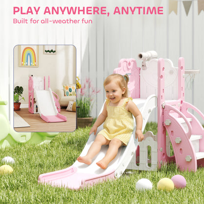 5-in-1 Kids Slide Set with Basketball Hoop, Climbing Frame, Telescope & Storage Box – Anti-Slip Steps, HDPE, Ages 1–3 – Pink
