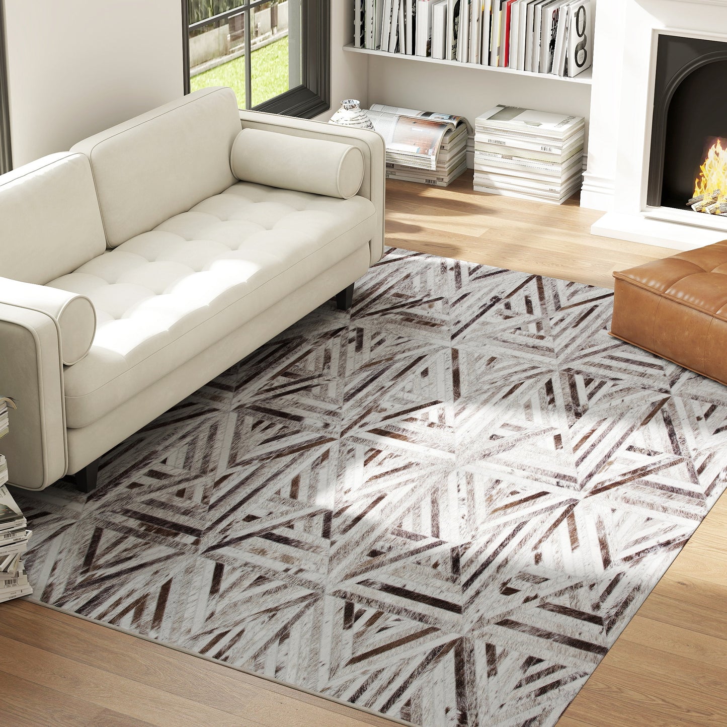 Modern Chenille Area Rug | Faux Leather Patchwork Print | Machine Washable | Non-Slip | Foldable | 290x200cm | Brown | Living Room Bedroom Dining Room Home Office