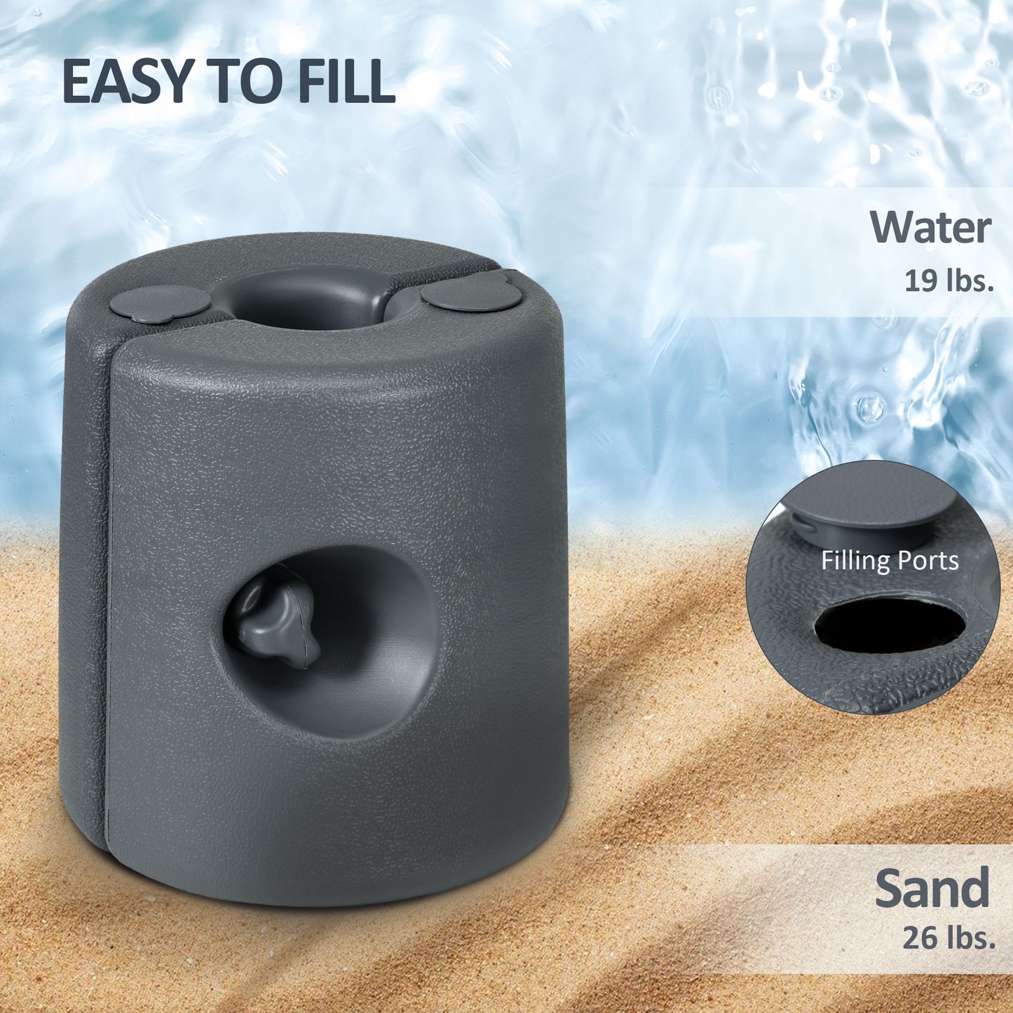 Set of 4 Gazebo Canopy Leg Weights | HDPE UV & Water-Resistant | Fill with Water (8.7kg) or Sand (12kg) Each | Screw Cap Filling Port | Fits 20-30mm Square Legs | Light Grey