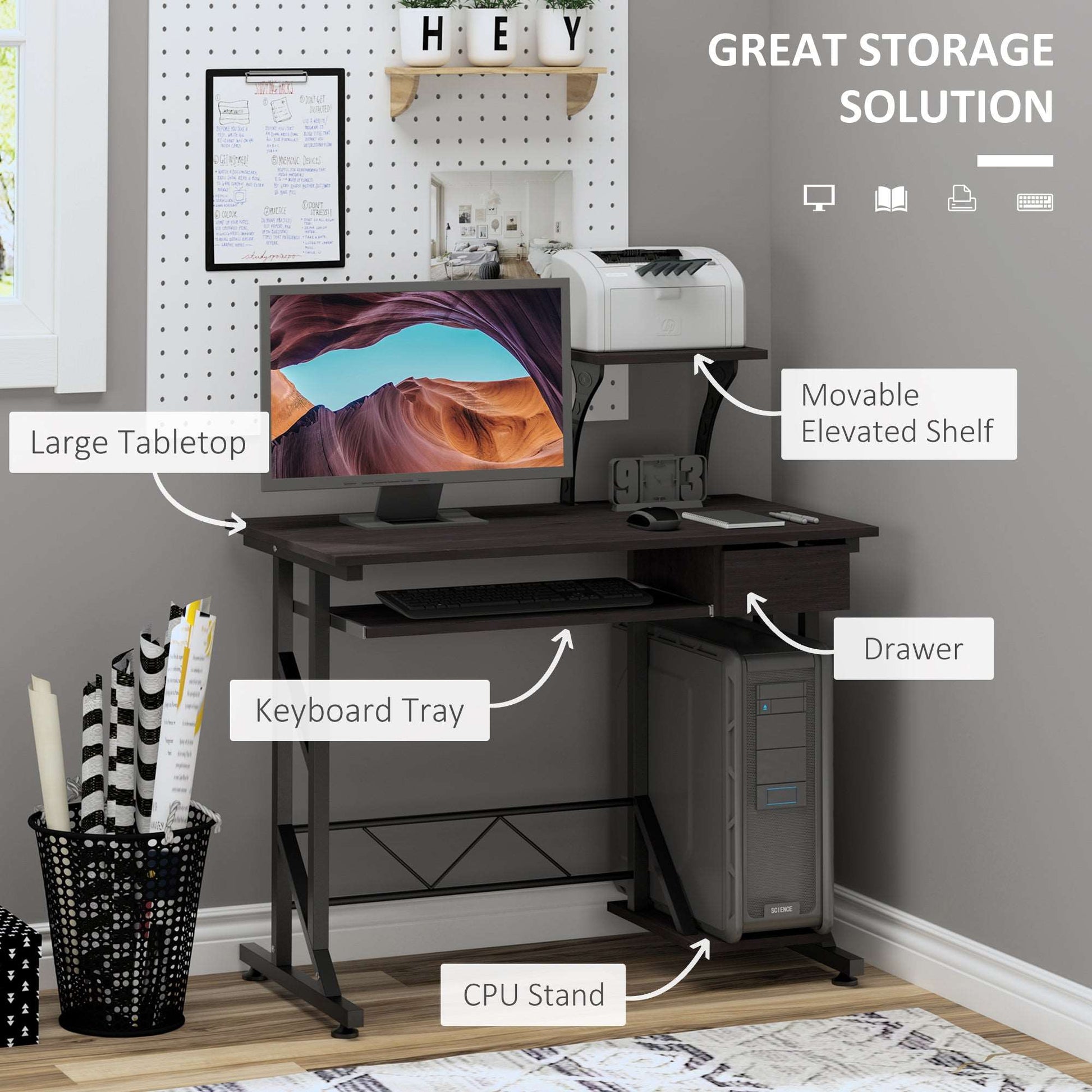 Computer Desk with Display Stand, Executive Wooden PC Tray Table Home Office Storage Workstation
