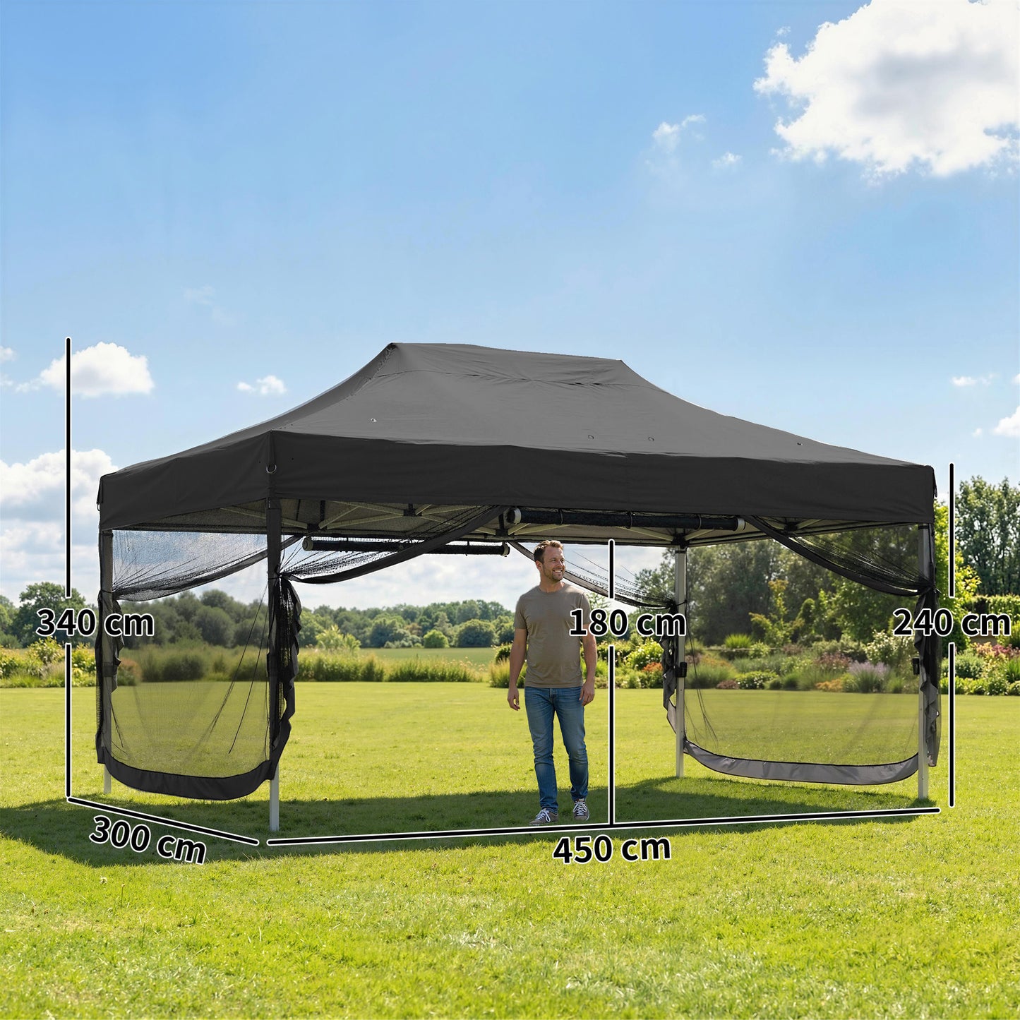 3x4.5m Heavy Duty Pop Up Gazebo | UPF50+ 420D Oxford Fabric | 4 Mesh Nettings | 12 Rainwater Holes | 3 Height Settings | Windproof Level 4-6 | Snow Rated | Full Stability Kit | Wheeled Bag | Black