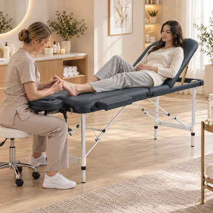 Portable Massage Table | 3-Section Folding Aluminium Beauty Couch | 9 Height Settings, Adjustable Backrest & Headrest | Black