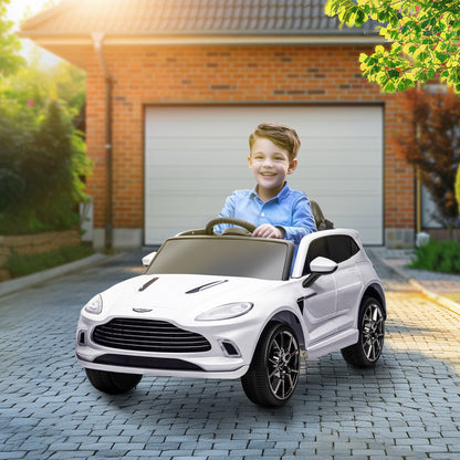Licensed Aston Martin DBX Licensed Battery Powered Kids Electric Car, 12V Kids Ride on Car w/ Lights, Music Horn, White / Pink