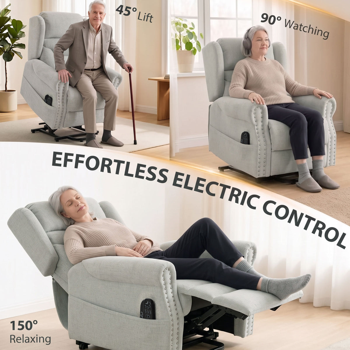 Power Lift Riser Recliner Chair with 8-Point Massage & Lumbar Heat | 45° Lift 150° Recline | Chenille Upholstery | USB Charging | 35cm Wall Clearance | 120kg Capacity | Light Grey | 89x94x107cm