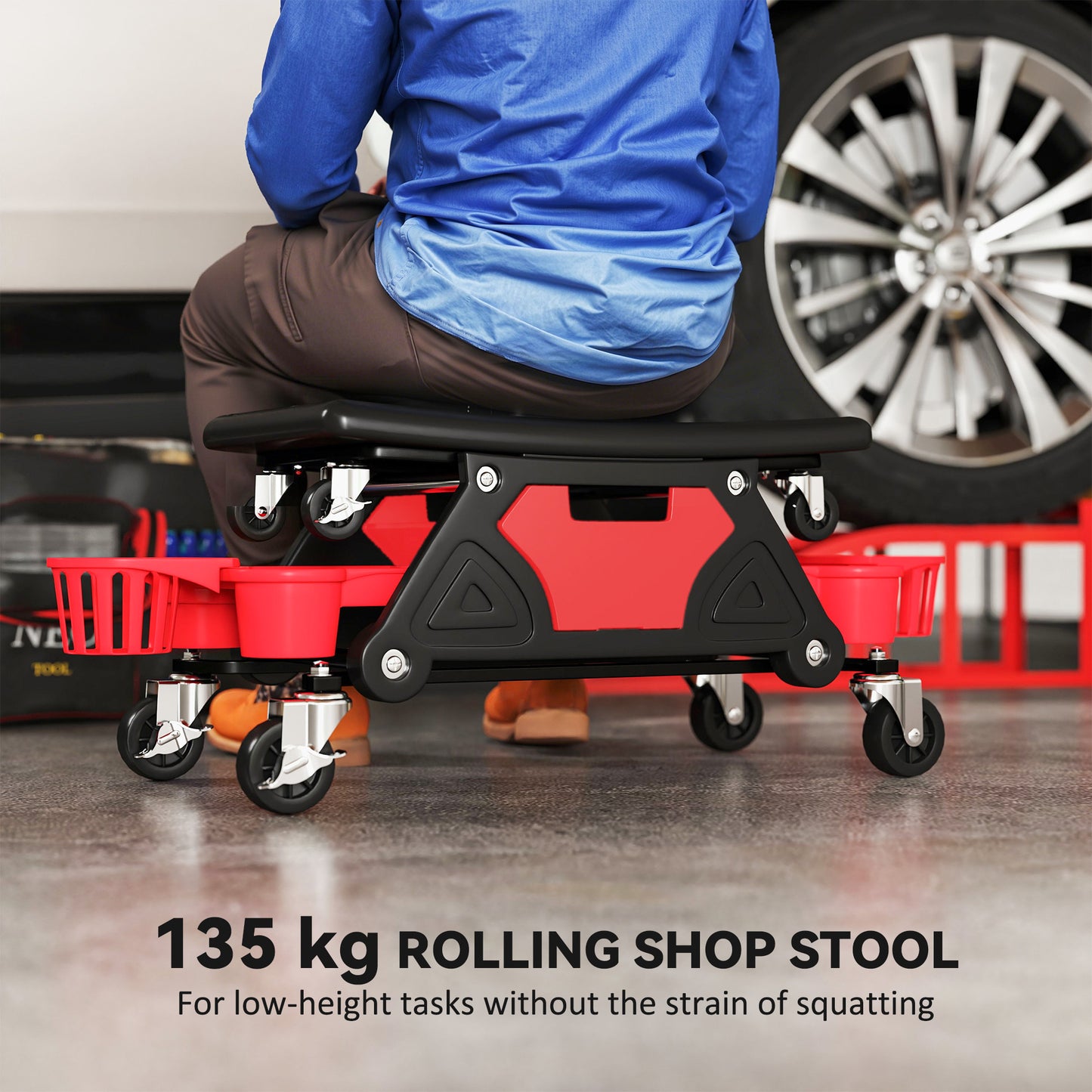 Rolling Mechanic Stool, 135kg Capacity Workshop Stool with 360° Swivel Wheels, Roller Creeper Seat with Slide Out Tool Trays, Drawer, Bottle Holders for Garage, Shop, Auto Repair