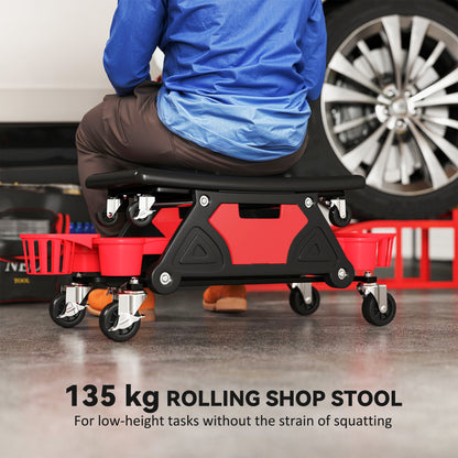 Rolling Mechanic Stool, 135kg Capacity Workshop Stool with 360° Swivel Wheels, Roller Creeper Seat with Slide Out Tool Trays, Drawer, Bottle Holders for Garage, Shop, Auto Repair