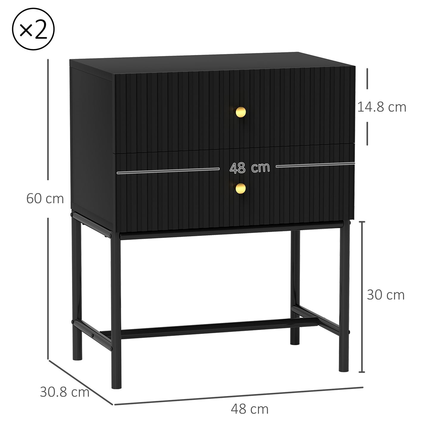 Set of 2 Bedside Tables | Ridged Drawers | Gold Handles | Metal Base | Black | 48x60cm