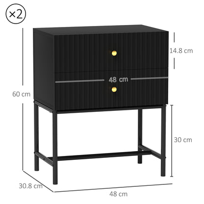 Set of 2 Bedside Tables | Ridged Drawers | Gold Handles | Metal Base | Black | 48x60cm
