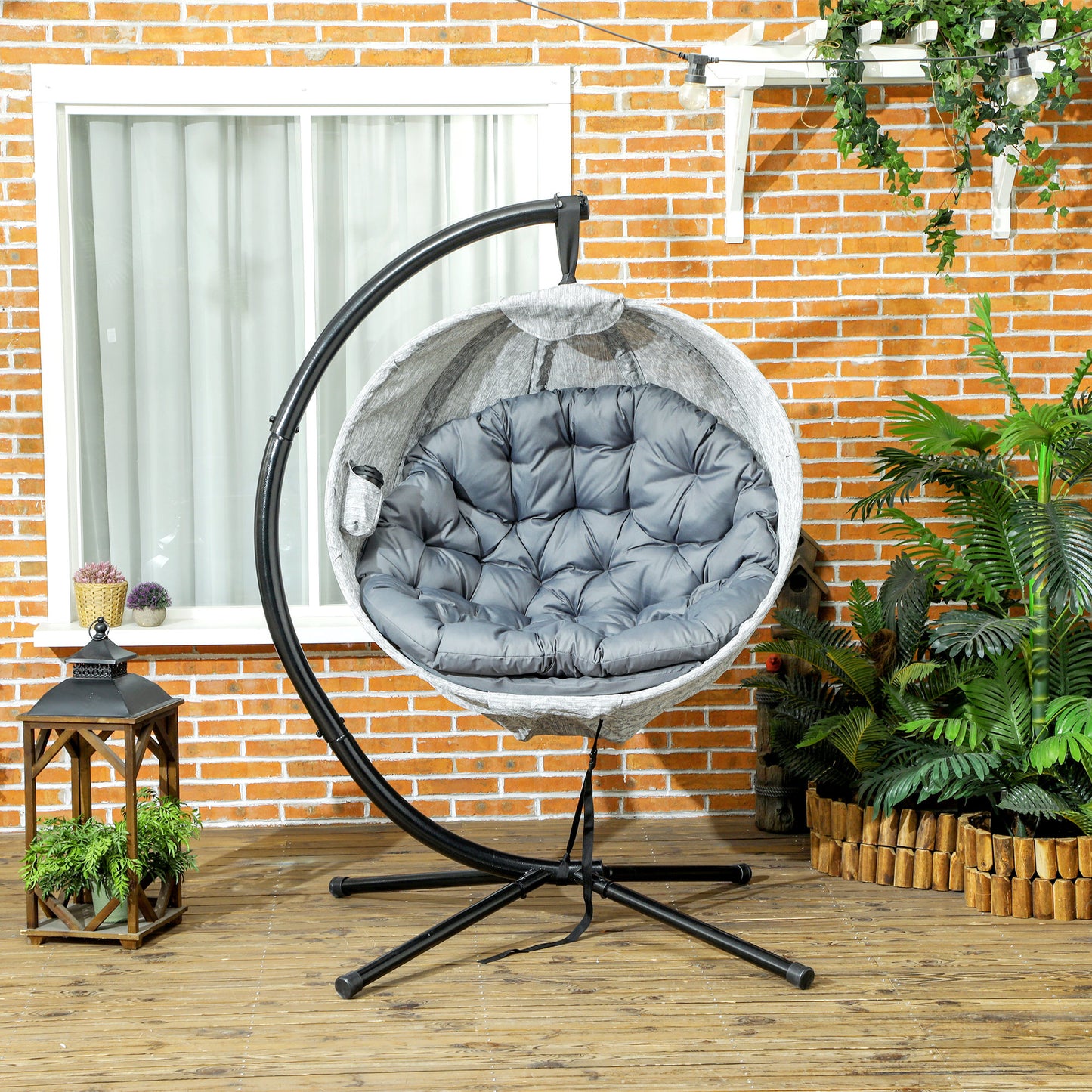 Hanging Egg Swing Chair Outdoor Indoor Garden with Folding Basket, Garden Hanging Chair with Stand, Thickened Cushion, Cup Holder for Patio, Balcony,