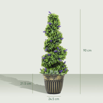 Set of 2 Decorative Artificial Plants, Boxwood Spiral Topiary Tree with Lavender and Pot, Fake Plants for Home Decor, 90cm