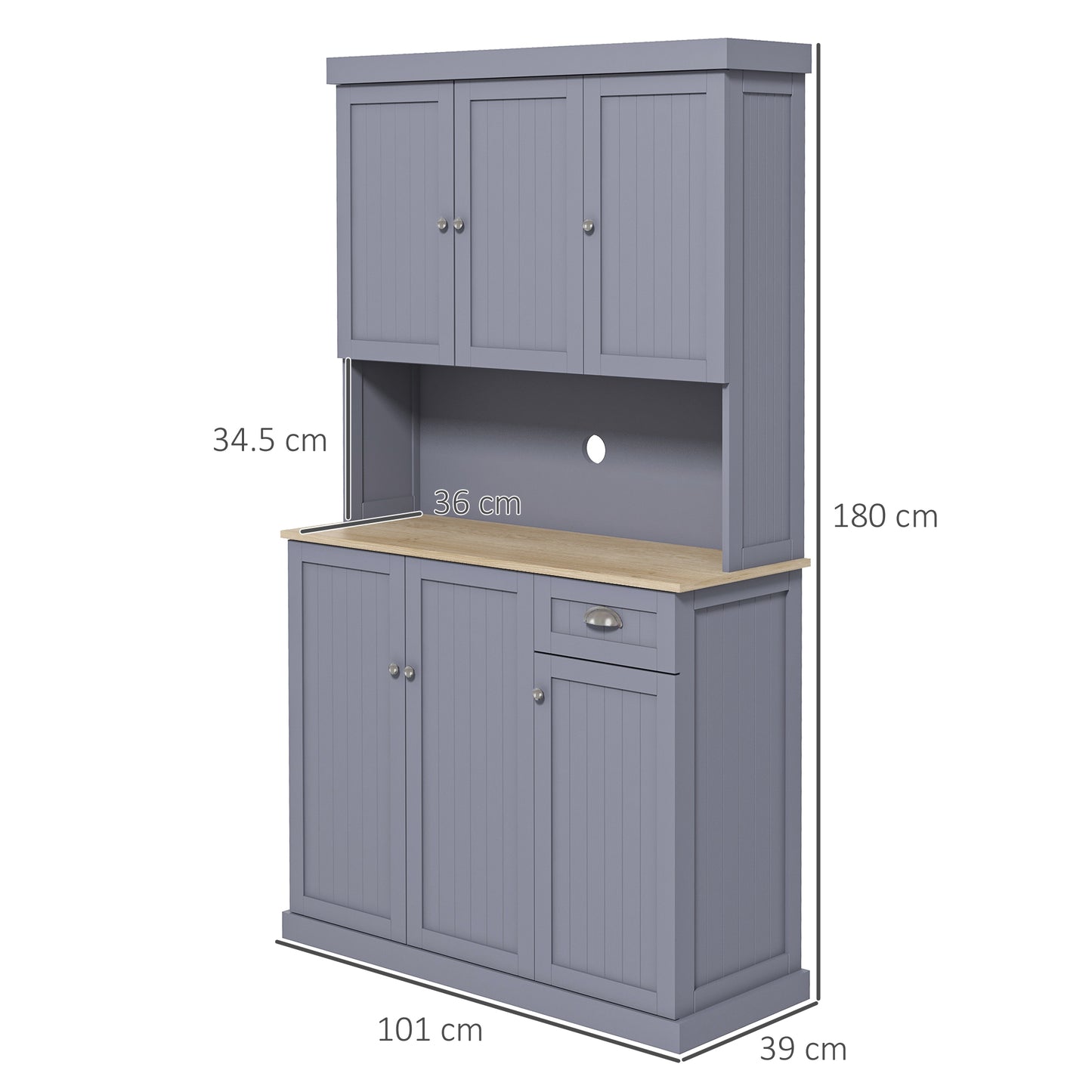180cm Freestanding Kitchen Cabinet, Modern Storage Cupboard with Open Countertop, Drawer and 6 Doors, Grey