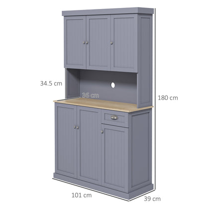 180cm Freestanding Kitchen Cabinet, Modern Storage Cupboard with Open Countertop, Drawer and 6 Doors, Grey