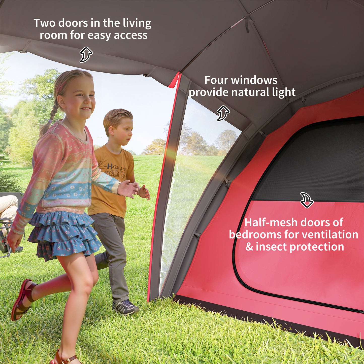 4-6 Man Family Camping Tent w/ 2 Bedrooms and a Living Room, Waterproof Tunnel Tent w/ Sewn In Groundsheet, Doors, Windows, Bag