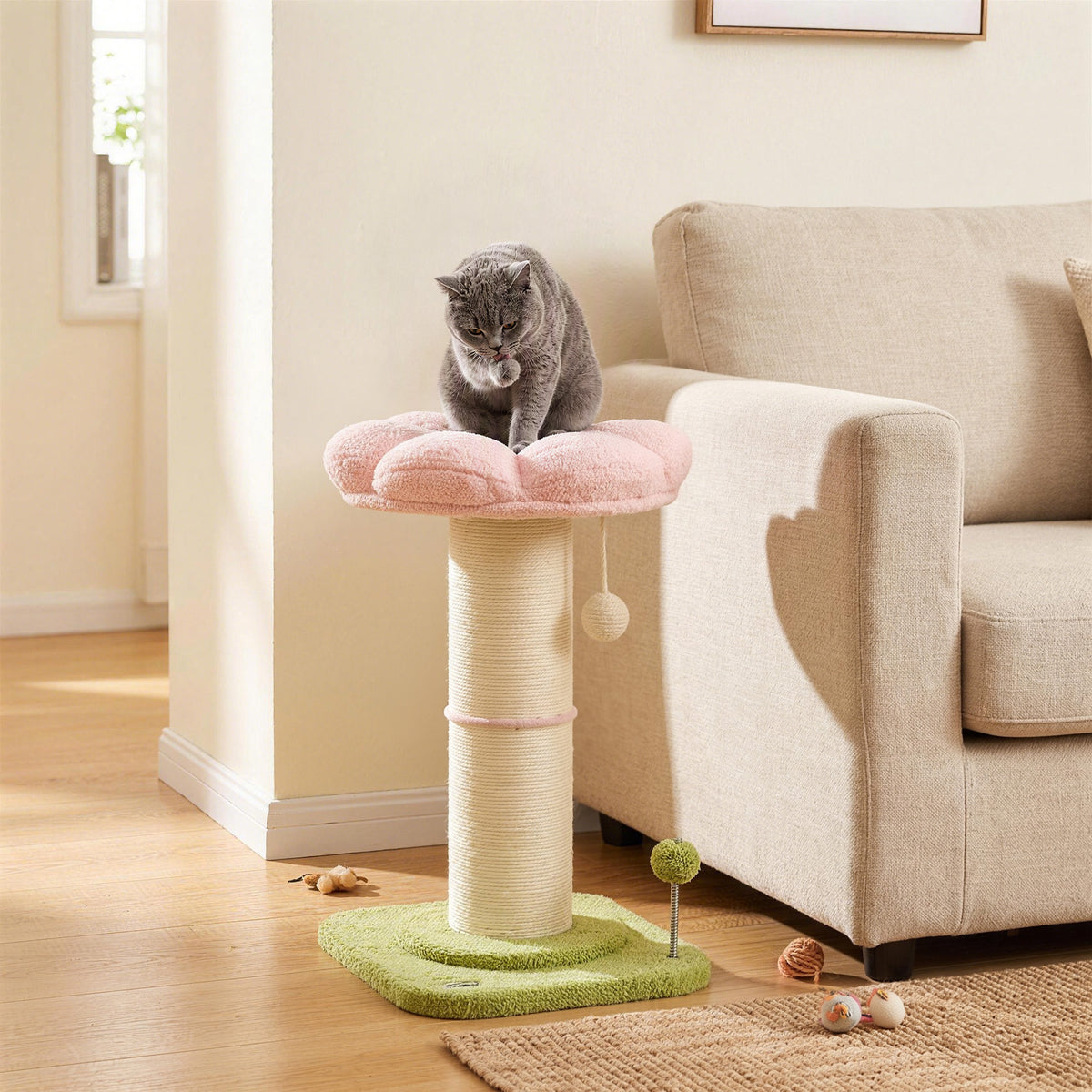 Pink & Green Compact Cat Tree | 59 cm Indoor Scratching Post with Flower Perch, Teddy Plush Bed & Spring Toys | For Cats Up to 5 kg