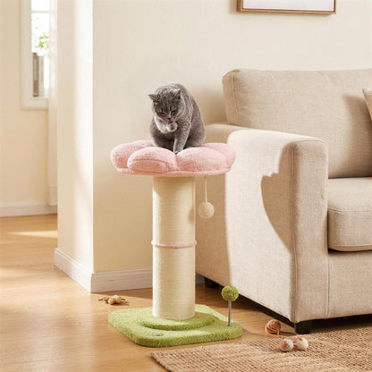 Pink & Green Compact Cat Tree | 59 cm Indoor Scratching Post with Flower Perch, Teddy Plush Bed & Spring Toys | For Cats Up to 5 kg