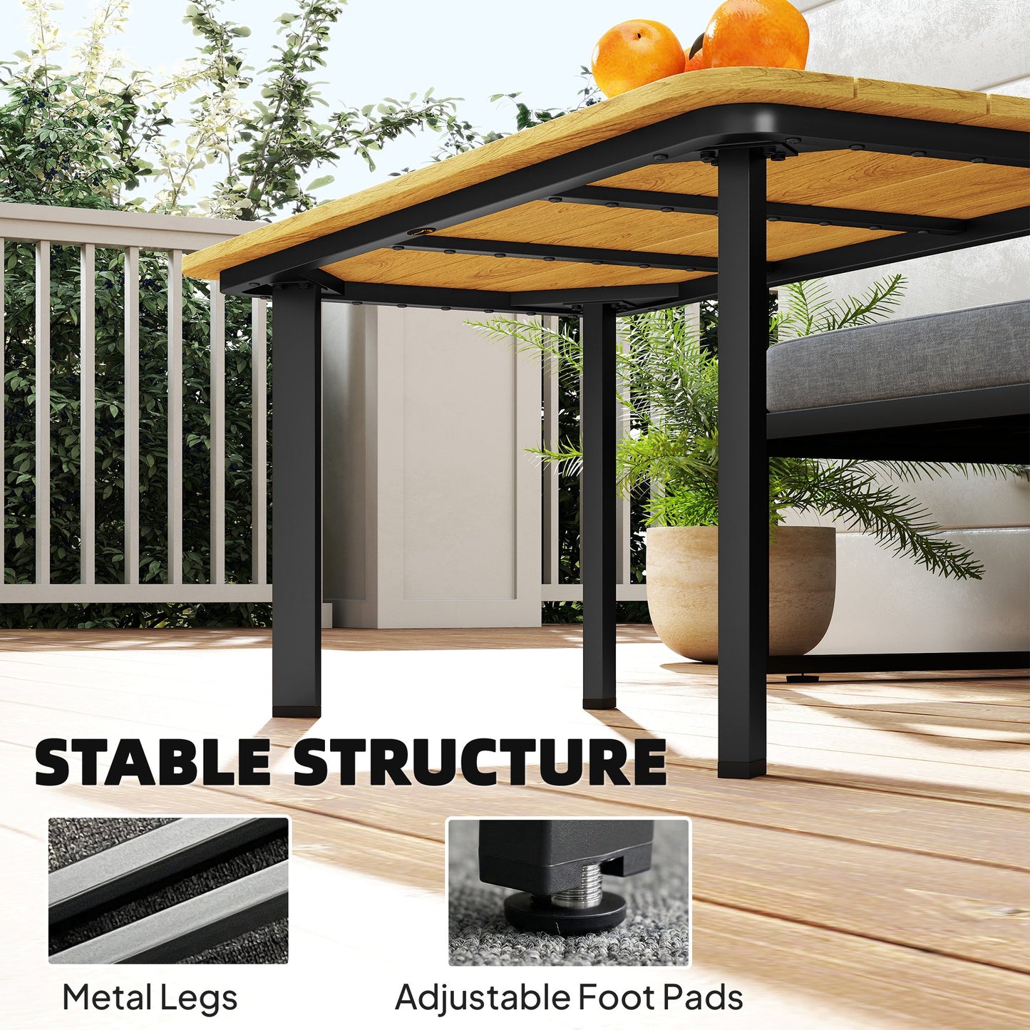 Outdoor Garden Coffee Table | Slatted WPC Top | Powder-Coated Frame | Adjustable Feet | 50kg | 90x49x40cm | Brown