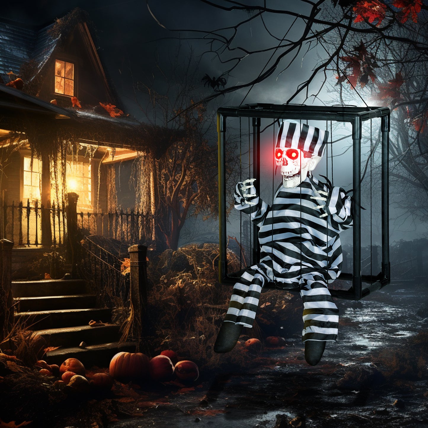 Halloween Animated Hinging Skeleton Prisoner in Cage with Glowing LED Eyes, Spooky Skeleton Scary Halloween Decorations, Battery Operated, Indoor Party Props