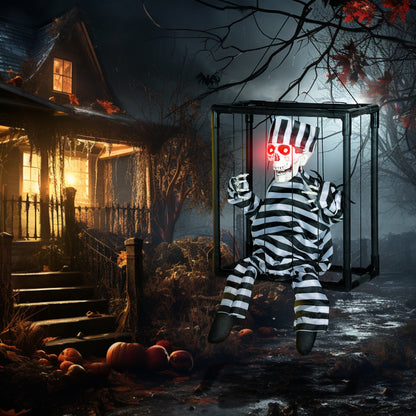 Halloween Animated Hinging Skeleton Prisoner in Cage with Glowing LED Eyes, Spooky Skeleton Scary Halloween Decorations, Battery Operated, Indoor Party Props