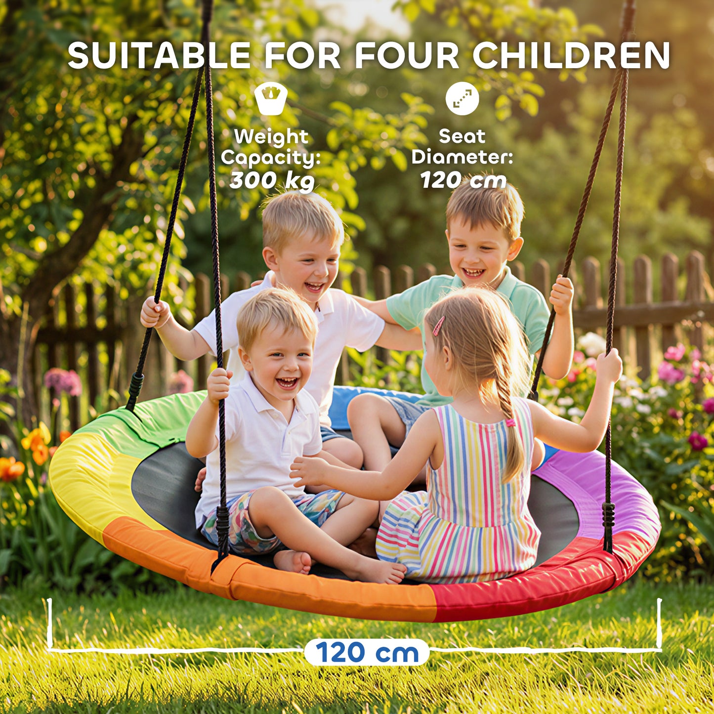 Kids Tree Saucer Swing 120cm – 300kg Capacity, Fits 4 Children, Adjustable Ropes, Tree Straps & Carabiners, Washable Oxford Fabric, EN71 Tested, Ages 3–8
