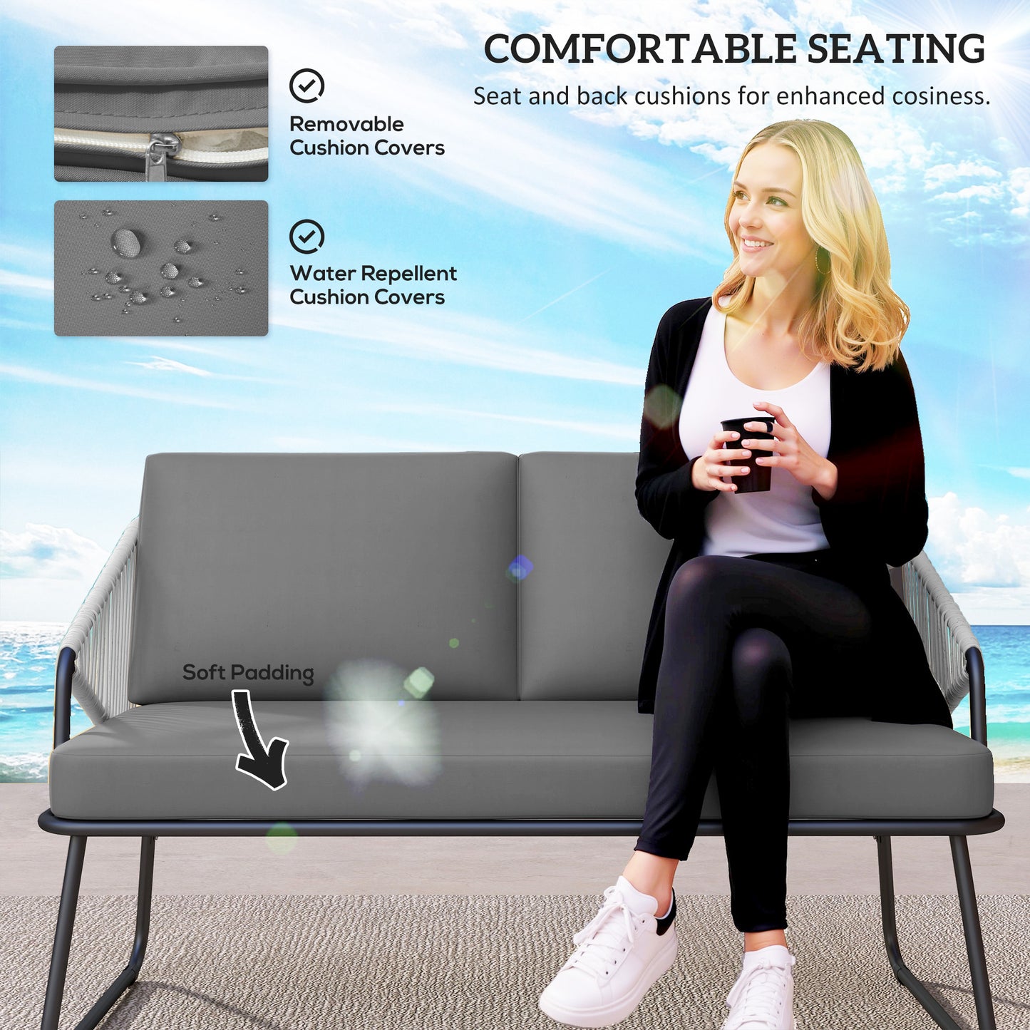 Outsunny 4 Piece Rattan Garden Furniture Set , Patio Outdoor Furniture Set w/ Glass Top Coffee Table and Cushions for Patio, Conservatory, Balcony, Grey