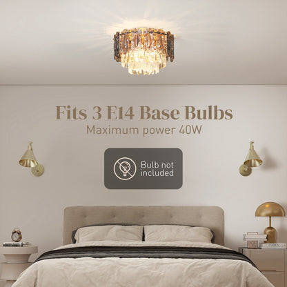 Chandelier Ceiling Light, 3-Light Vintage Flush Mount Fixture with Dual Crystal and Smoke Glass Shade, LED Ceiling Light for Living Room Bedroom, 3 E27 Sockets, Bulbs Not Included, Gold Tone