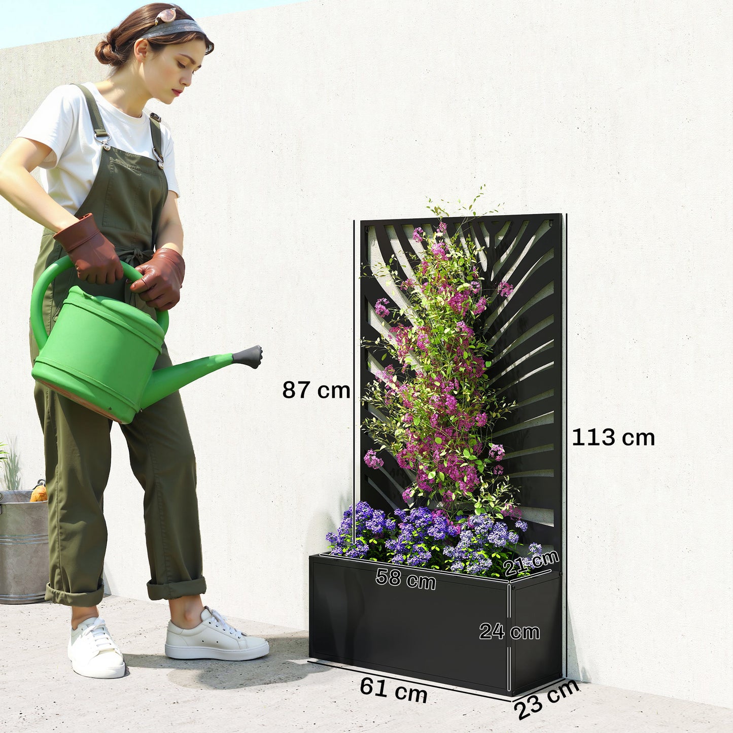 Metal Raised Planter with Large Leaf Cut-Out Trellis & Privacy Screen | Wall Mounted or Freestanding | 29L Soil | 50kg | Powder-Coated | 61x23x113cm | Climbing Plants | Black