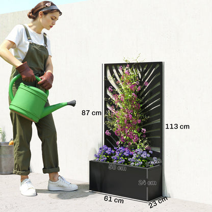 Metal Raised Planter with Large Leaf Cut-Out Trellis & Privacy Screen | Wall Mounted or Freestanding | 29L Soil | 50kg | Powder-Coated | 61x23x113cm | Climbing Plants | Black
