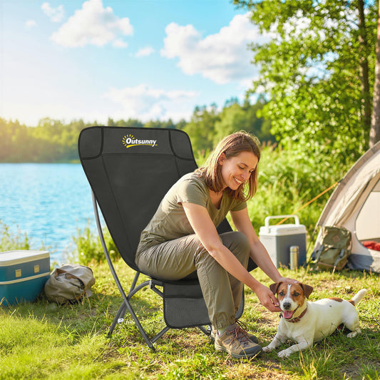 Outsunny Moon Camping Chair – Heavy Duty Folding Camp Chair, 120kg, Water-Repellent Oxford Fabric, Side Pocket & Carry Bag – Black