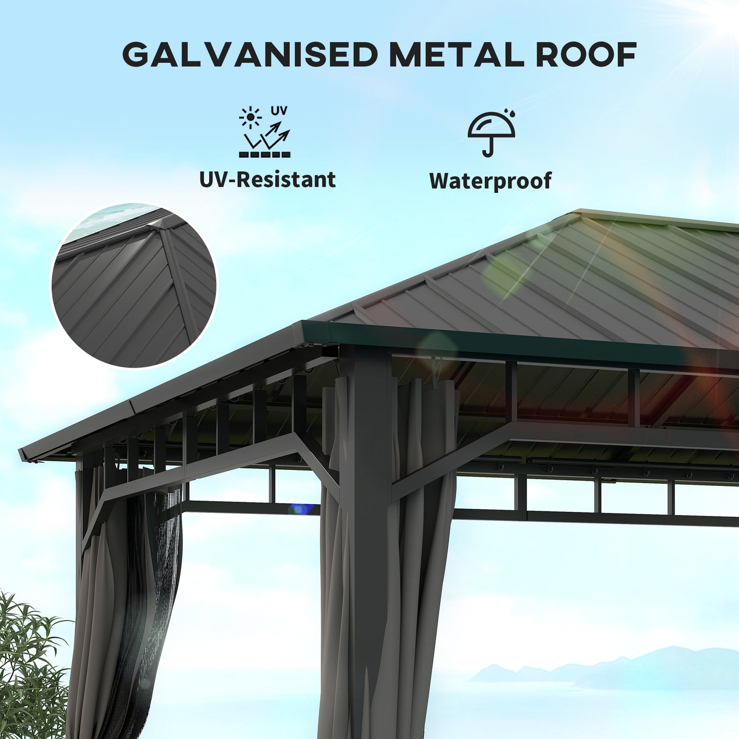 3 x 4m Hardtop Gazebo with Galvanised Steel Roof and Water Gutter, Waterproof Permanent Pavilion Garden Gazebo W/ Curtains for Patio, Deck