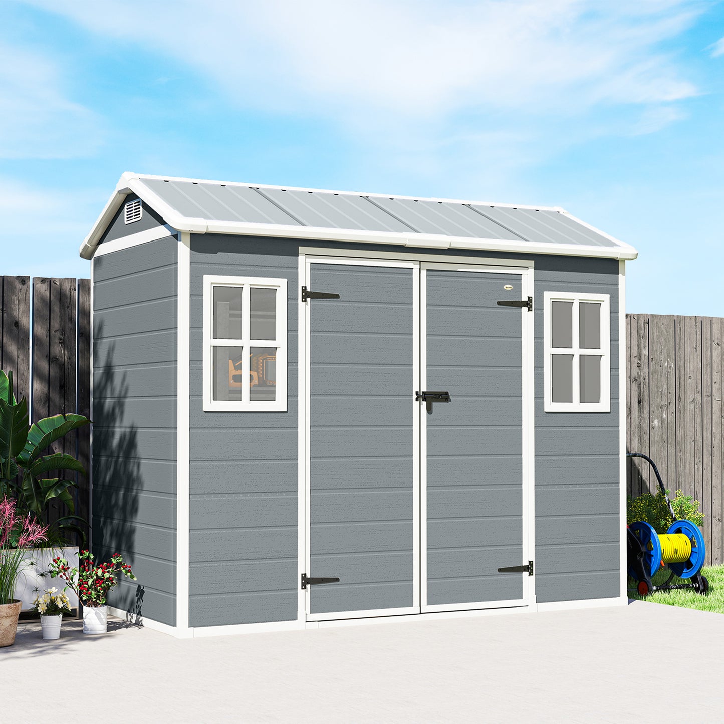 PP & Aluminium Garden Storage Shed | Wood-Grain Texture | Apex Roof | 116cm Double Doors | Lock & Keys | 2 Windows | 2 Vents | UV-Resistant | 40kg/m² Snow Load | 244x131x201cm | 2.77m² | Light Grey