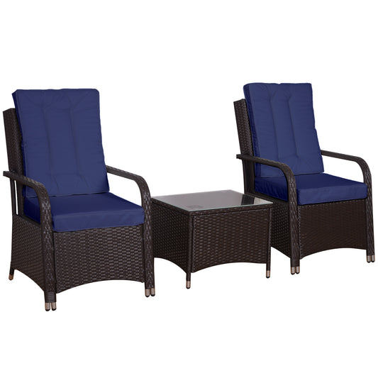 Outsunny 3 Pieces Outdoor Rattan Bistro Set, Patio Wicker Balcony Furniture With Steel Frame, Conservatory Set Coffee Table & Cover, Dark Blue
