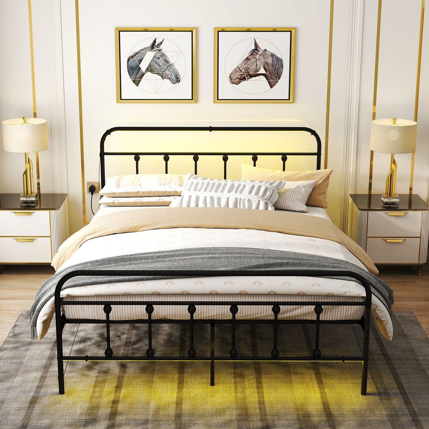 King Bed Frame with LED Lights and Charging Station, Metal Platform Bed Frame with Under Bed Storage, Black