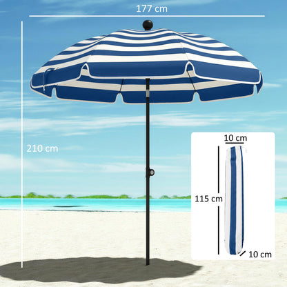 Beach Umbrella Parasol | 1.8m | 30° Tilt | UPF30+ | 130-210cm Adjustable | Sand Anchor | Carry Bag | Blue & White