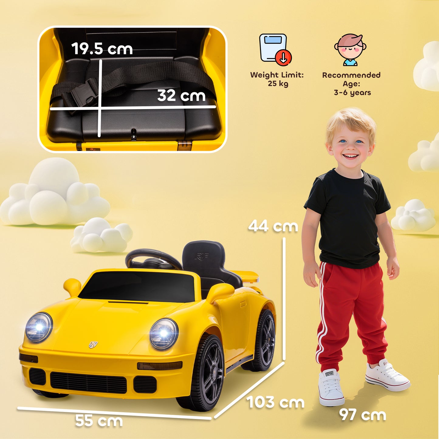 AIYAPLAY Licensed RUF CTR 2017 Electric Car for Kids, with Remote Control, Soft Start, MP3 Player, LED Lights, Yellow / Pink