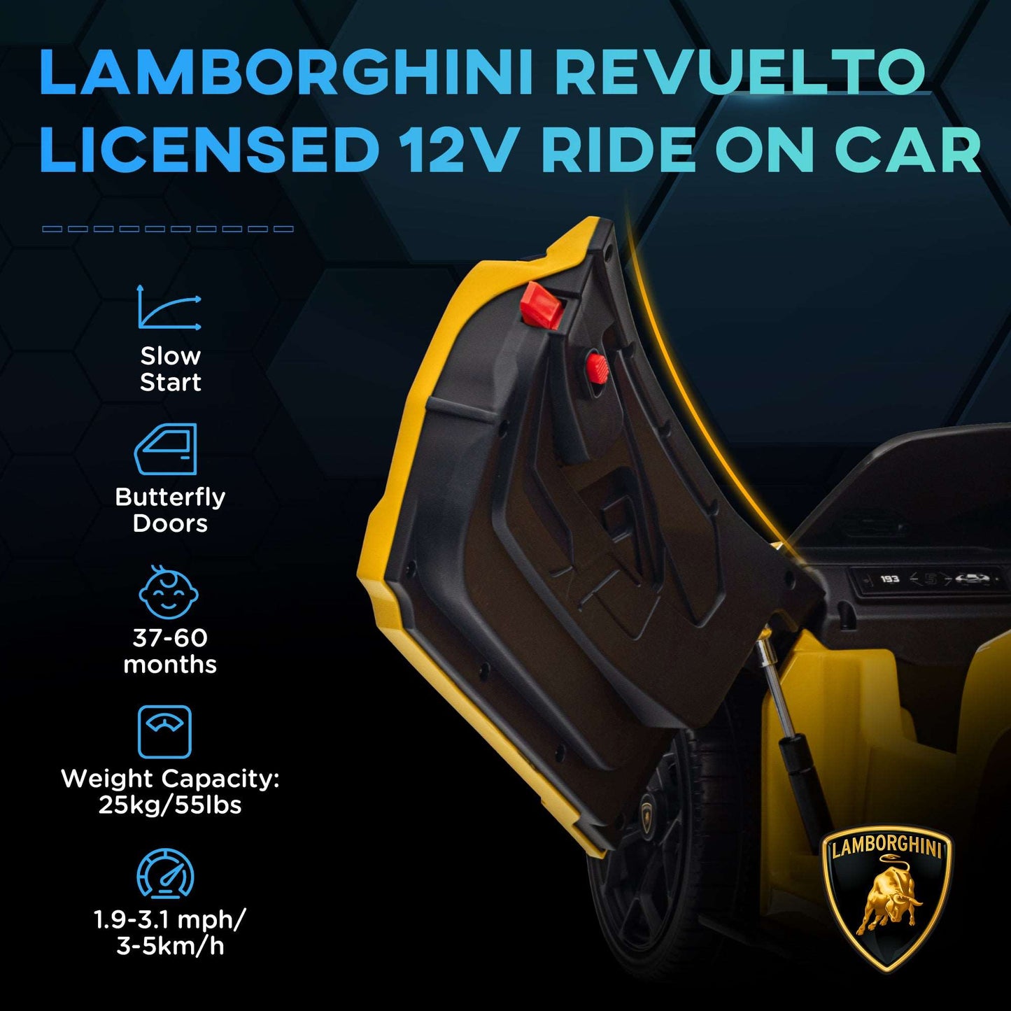 AIYAPLAY Lamborghini Revuelto Licensed 12V Ride on Car w/ Butterfly Doors Training Wheels, Suspension, Remote Control Yellow / Orange
