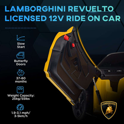 AIYAPLAY Lamborghini Revuelto Licensed 12V Ride on Car w/ Butterfly Doors Training Wheels, Suspension, Remote Control Yellow / Orange