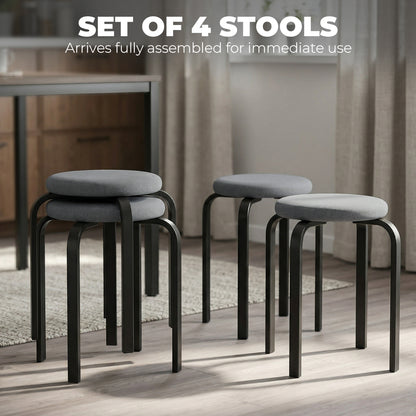 Set of 4 Stackable Cushioned Round Stools | 4cm Foam Seat | Powder-Coated Steel Legs | 120kg Capacity | BS5852 Fire Safety Certified | No Assembly | 40x40x45cm | Dark Grey