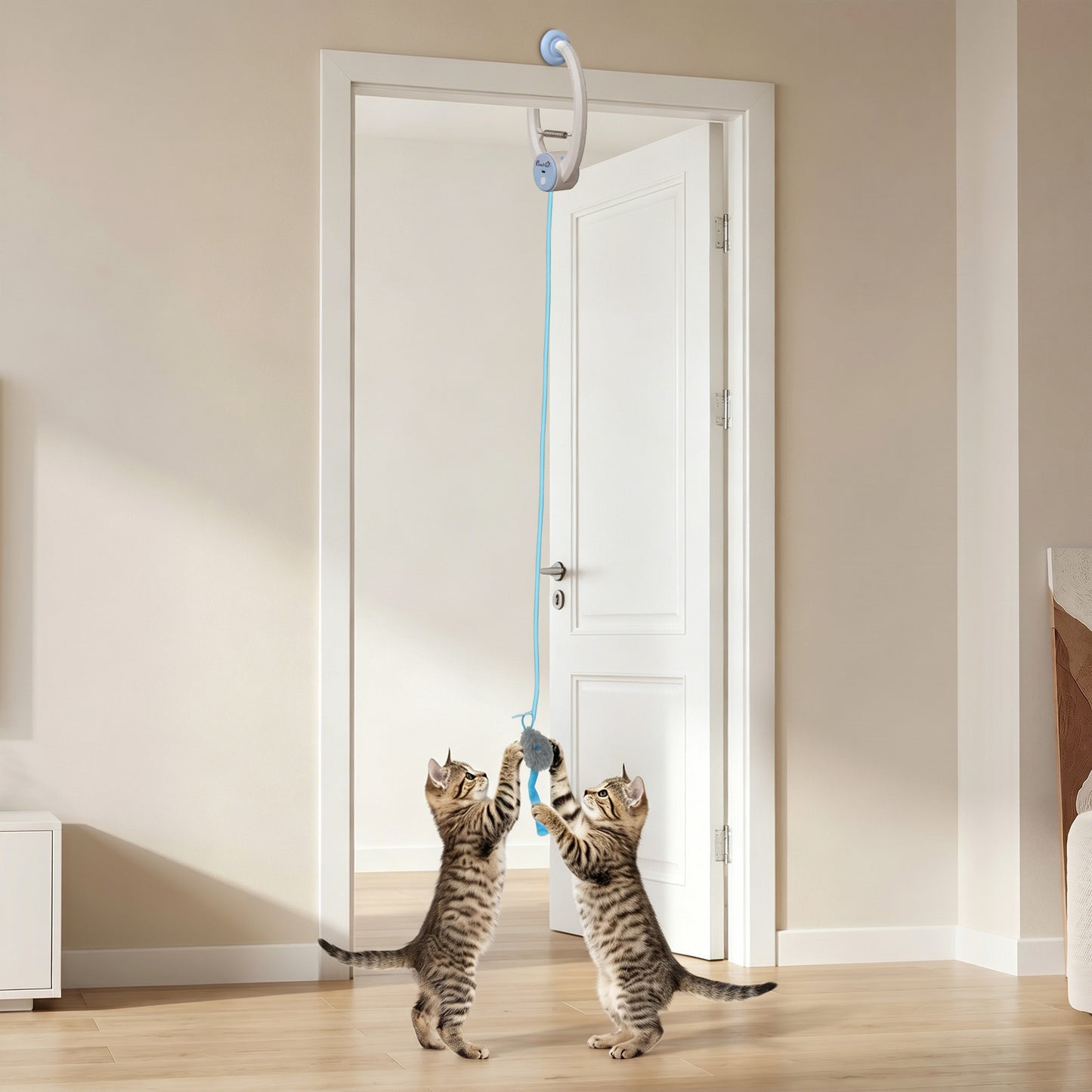 Door Hanging Bouncing Mouse Cat Toy | Touch Sensor | Adjustable Cord | USB-C | 15-Min Timer | White