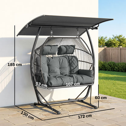 Double Hanging Egg Chair with Canopy | 2-Seater | 10cm Cushion & 2 Headrests | 240kg | Dark Grey