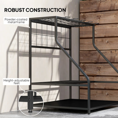 3-Tier Garden Tool Storage Rack | 20+ Tools | 5 G-Hooks & 6 Side Hooks | Adjustable Feet | Corner-Fit | Black