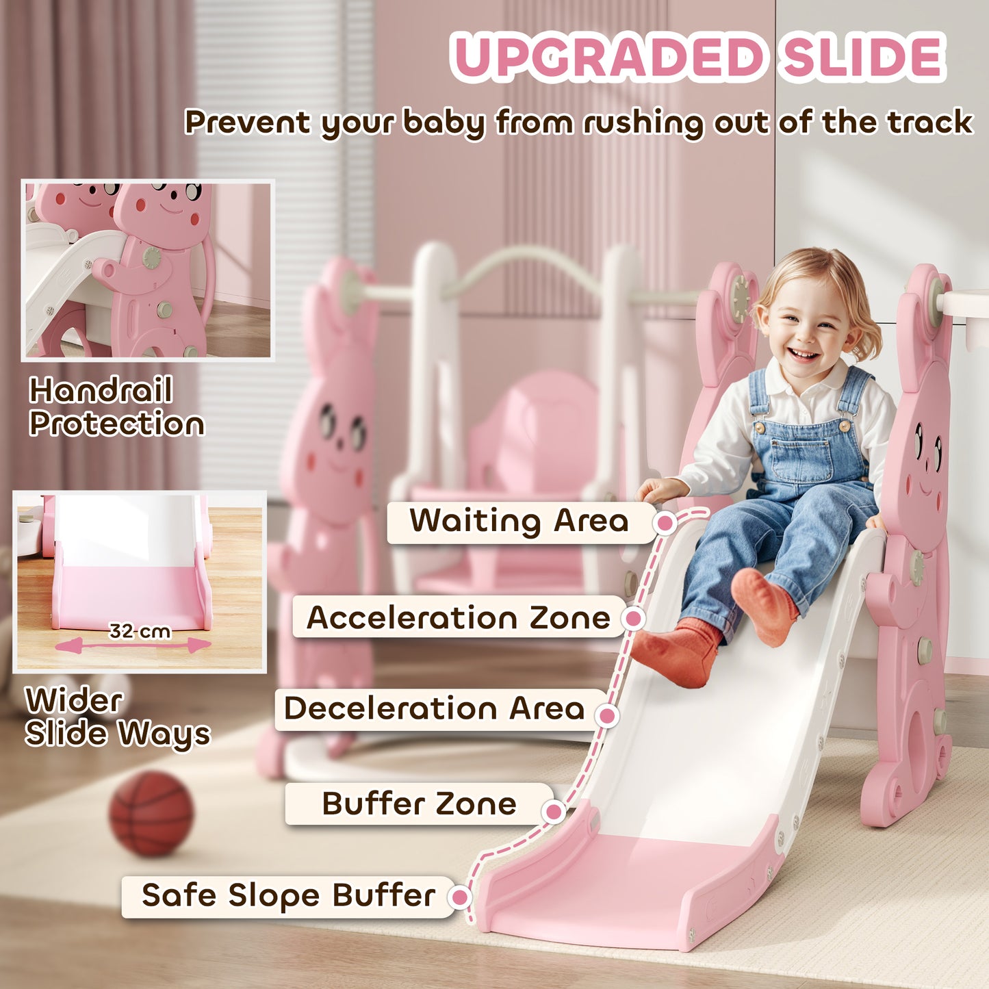 AIYAPLAY 4 in 1 Kids  Baby Toddler Slide and Swing Set with Climber, Basketball Hoop, Rabbit-Themed, Pink