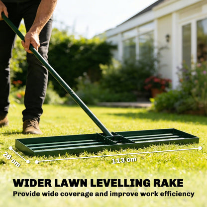 113cm Lawn Levelling Rake / Lawn Lute | 3-Section Handle 169cm | Rust-Resistant Metal | Green