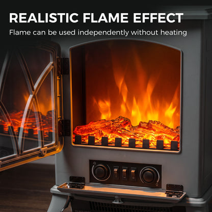 Electric Fireplace Stove | Grey Freestanding 2000W Heater with Adjustable LED Flame & Thermostat