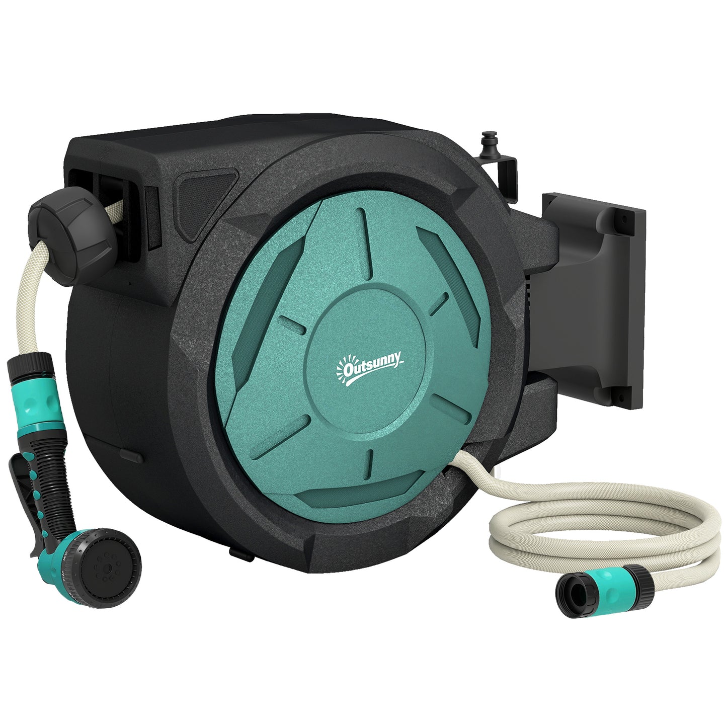 Retractable Hose Reel Wall Mounted, 20+2m Garden Hose Pipe Reel with Lock, Auto Rewind, 7 in 1 Spray Nozzle, Includes Wall Fixings, 180° Swivel, Outdoor Watering, 59 x 20 x 39 cm, Black