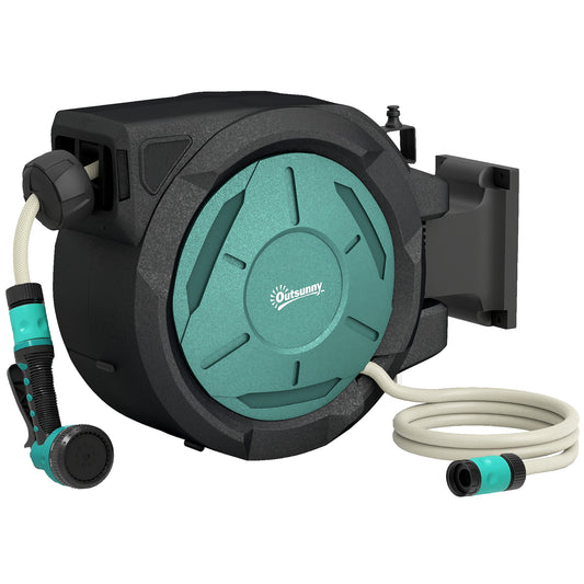 Retractable Hose Reel Wall Mounted, 20+2m Garden Hose Pipe Reel with Lock, Auto Rewind, 7 in 1 Spray Nozzle, Includes Wall Fixings, 180° Swivel, Outdoor Watering, 59 x 20 x 39 cm, Black