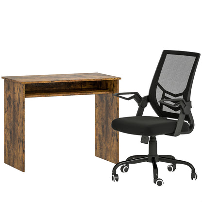 Home Office Furniture Set | Computer Desk with Storage Shelf | Ergonomic Mesh Chair | Flip-Up Armrests | Lumbar Support | Adjustable Height | Rustic Brown & Black