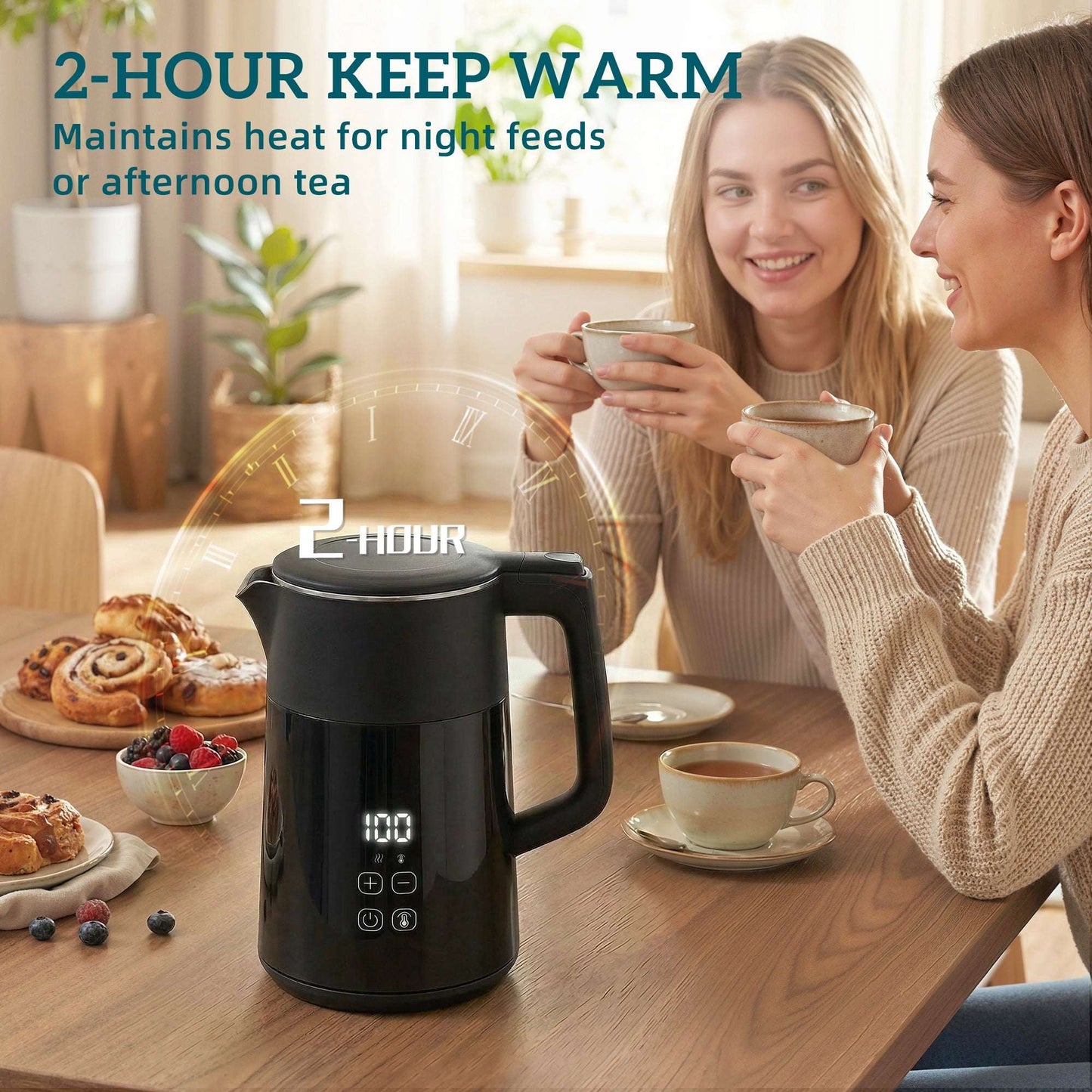 1.7L Electric Kettle | 3000W | 7 Temperature Settings 40-100°C | 2hr Keep-Warm | 304 Stainless Steel PTFE-Free | Boil-Dry Protection | Auto Shut-Off | 360° Swivel Base | Black